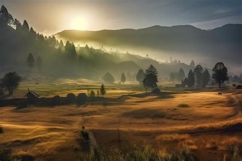 Premium AI Image | Sunrise over a field with mountains in the background