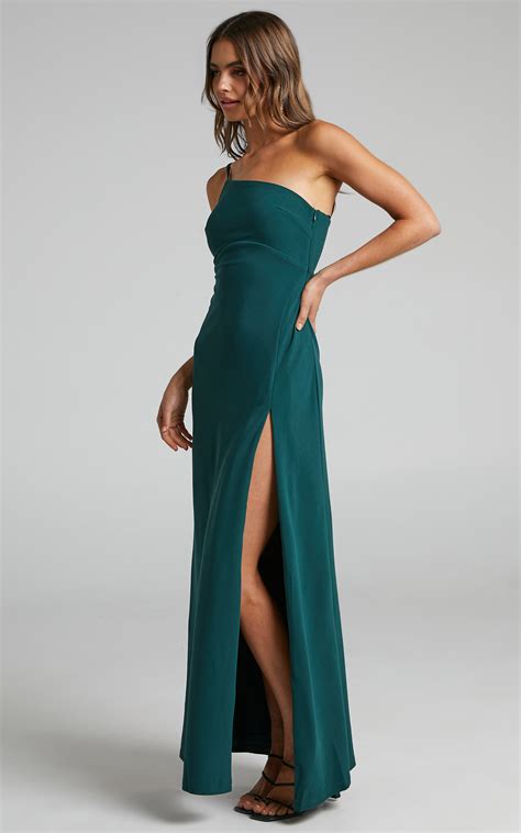 Magnaye Maxi Dress One Shoulder Thigh Split Dress In Emerald Showpo