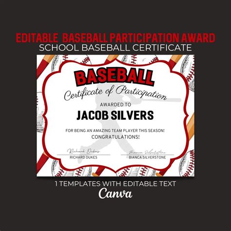 Editable Baseball Award Certificate Bundle Canva Template Team Party