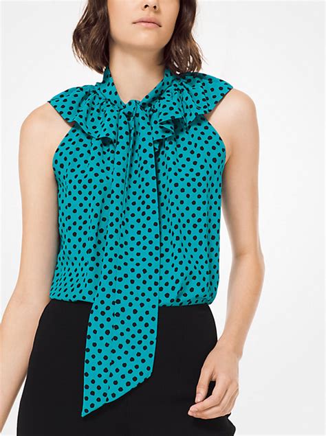 Polka Dot Crepe De Chine Tie Neck Blouse Michael Kors Canada