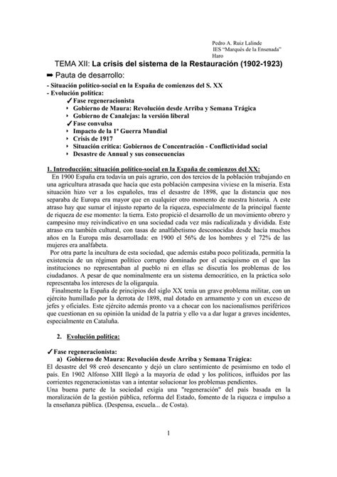 Tema XII La crisis del sistema de la Restauración