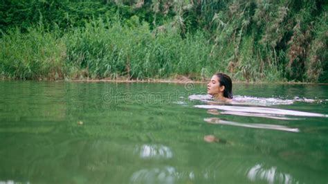 Relaxed Girl Swimming Green Waters Seductive Naked Woman Floating Lake