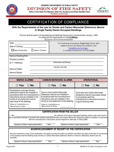 Vermonts Certification Of Compliance Smoke Alarm Form August 2013 Pdf Prevention Hazards