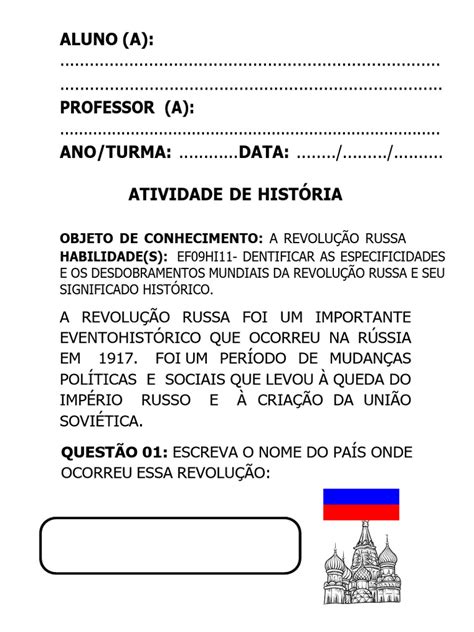 Atividade sobre a Revolução Russa | PDF | Revolução Russa | Império Russo