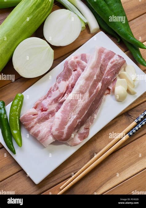 Korean Food Pork Belly And Vegetables Samgyeopsal Stock Photo Alamy