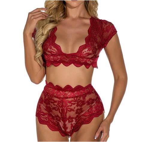 Hfyihgf Women Sexy Sheer Floral Lace Pajamas Lingerie Set High Waist