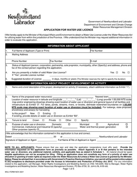 Newfoundland And Labrador Canada Application For Water Use Licence