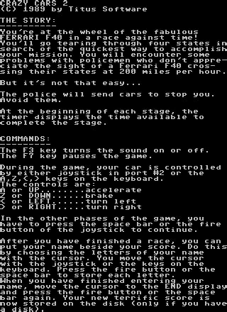Crazy Cars 2 - C64 Documentation, Docs - Lemon64