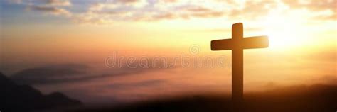 Silhouette Of Catholic Cross At Sunset Background Stock Image Image