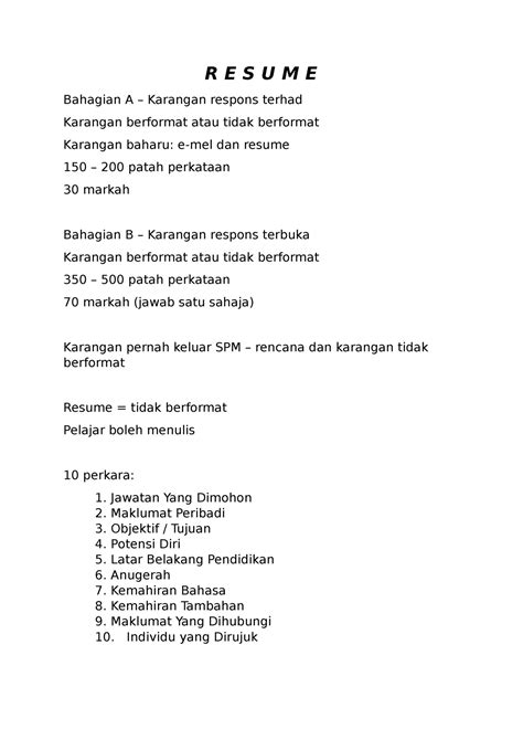 Bahasa Melayu Resume R E S U M E Bahagian A Karangan Respons