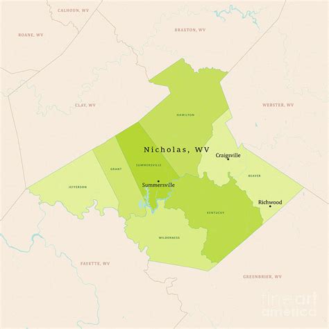 WV Nicholas County Vector Map Green Digital Art by Frank Ramspott - Pixels