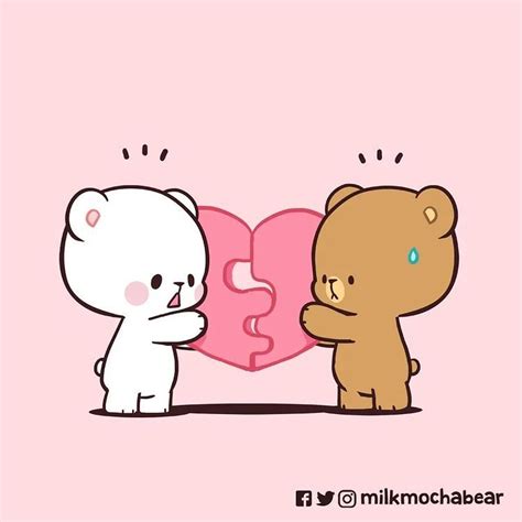 Two Teddy Bears Standing Next To Each Other In Front Of A Heart