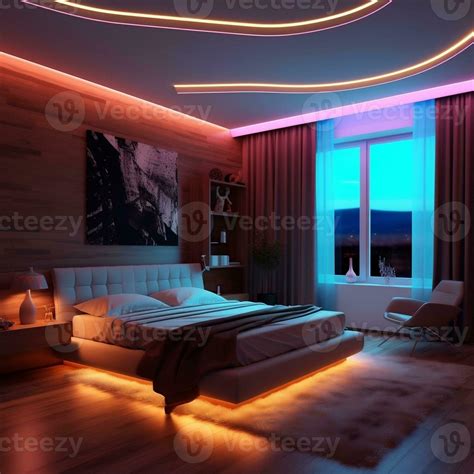 3D modern bedroom with multicolored led strip lights generative ai ...