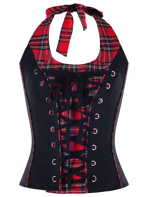 41 Off Lace Up Plaid Halter Corset Top Rosegal