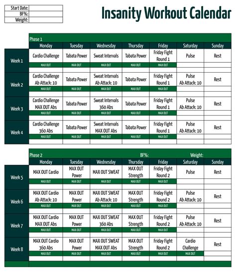 Insanity Workout Schedule 10 Free Pdf Printables Printablee