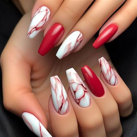 Red Marble Nail Art Design For Coffin Shaped Nails In 2024 Red Nails