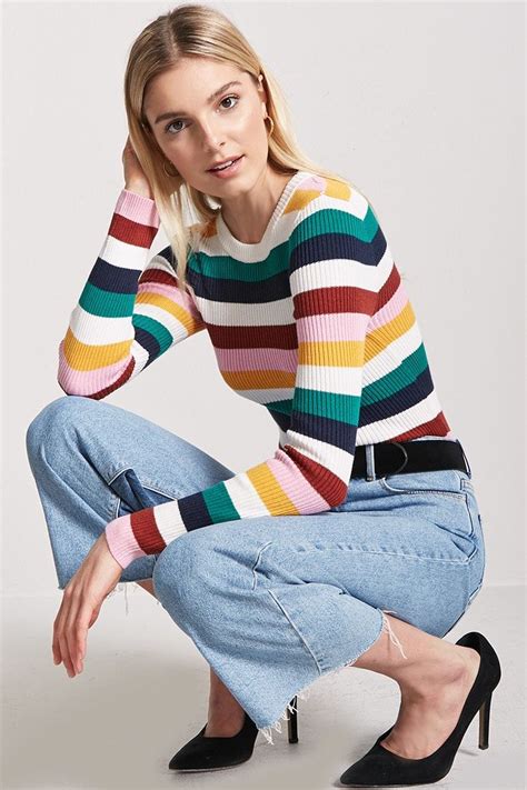 Forever 21 Ribbed Multicolor Striped Sweater Sommer Ray Clothes