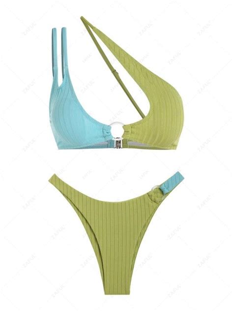 Zaful One Shoulder Ribbed O Ring High Cut Two Tone Colorblock Bikini Swimwear In Green Zaful 2024