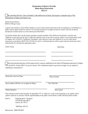 Fillable Online Washhomeschool OrgDeclaration Of Intent To