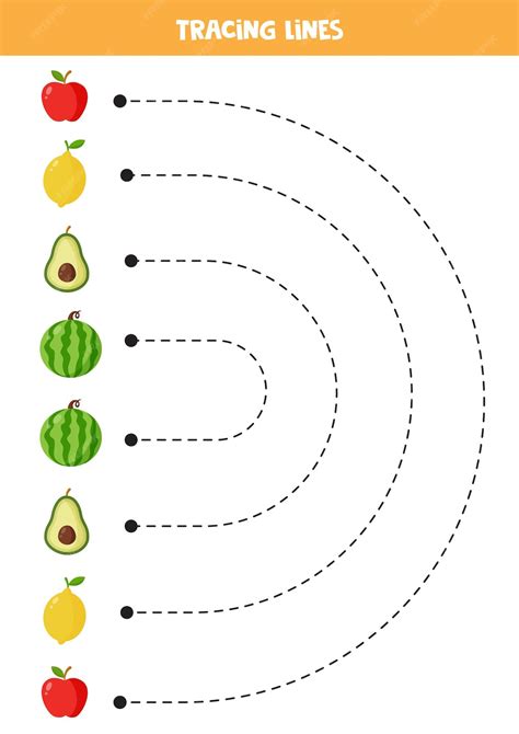 Trazar Líneas Para Niños Lindas Frutas De Dibujos Animados Práctica De Escritura Vector Premium