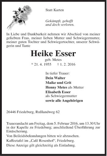 Traueranzeigen Von Heike Esser Nordwest Trauer De