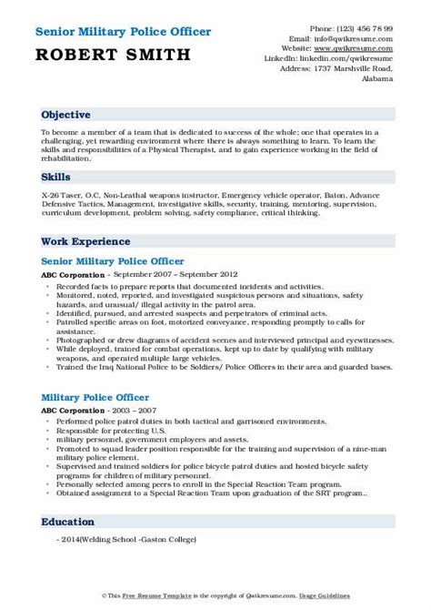 Military Police Officer Resume Samples Qwikresume