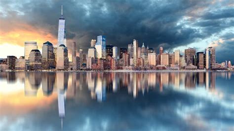 New York Skyline at Sunrise Stock Photo - Image of office, reflection ...