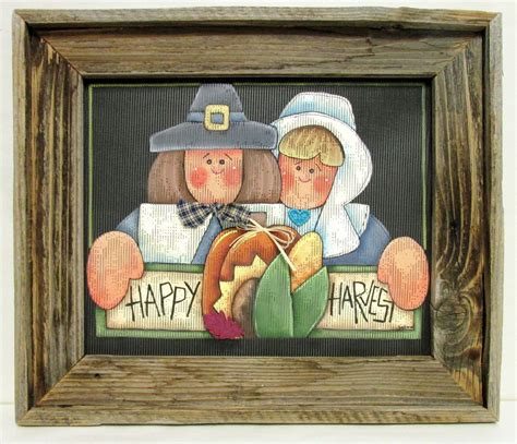 Happy Harvest Sign Pilgrim Couple Tole Or Hand Painted On Wide Weave