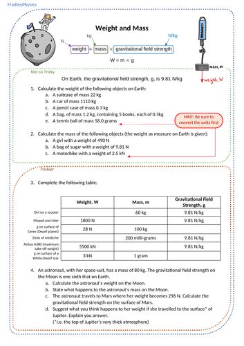 Weight Mass And Gravity Worksheet Teaching Resources