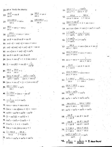 Trig Identities Worksheet With Answers E