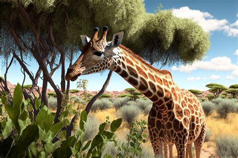 Premium AI Image A Giraffe Is Standing In A Field With A Tree In The