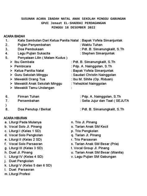 Susunan Acara Ibadah Natal Anak Sekolah Minggu Gabungan Pdf