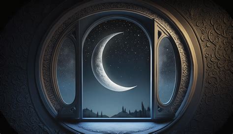 Mystical window with crescent moon in night sky, Islamic greeting Eid ...