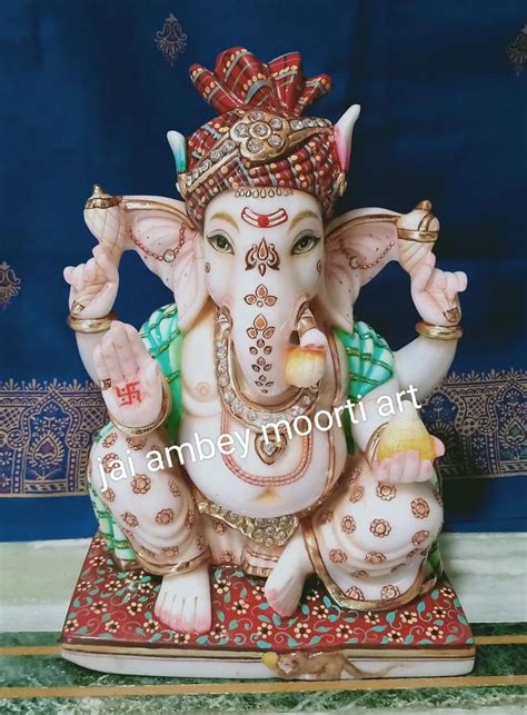 Multicolor Marble Ganesha Sitting Statue For Worship And Decoration 1