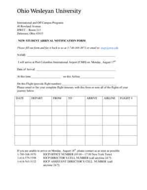 Fillable Online Iocp Owu New Student Arrival Notification Form