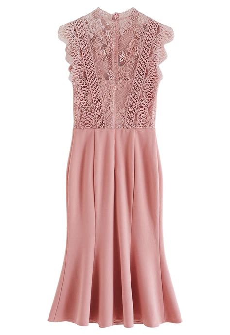 Crochet Lace Spliced Sleeveless Mermaid Dress In Pink Retro Indie