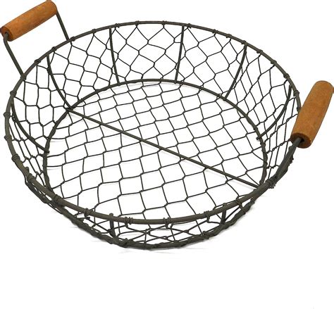 Cvhomedeco Round Metal Wire Fruit Tray Chicken Wire Tray With Wooden