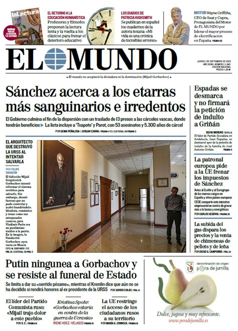 Portada De EL MUNDO Del Jueves 1 De Septiembre De Agosto De 2022 Medios