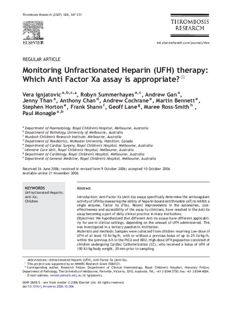 (PDF) Monitoring Unfractionated Heparin (UFH) Therapy: Which Anti ...