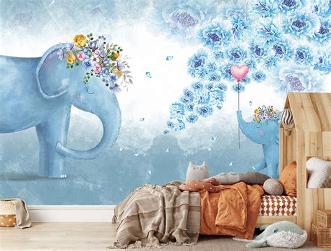 Elephant Kids Wallpaper Nursery Cartoon Baby Room Removable - Etsy