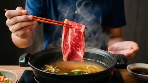 Premium Photo Man Holding Rare Slice Wagyu A Beef Into Shabu Hot Pot