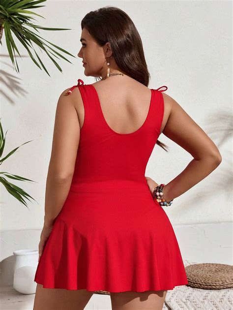 SHEIN Swim Curve 2 Piece Set Plus Size Women Modest Fashion Solid Color Fitted Beach Bikini