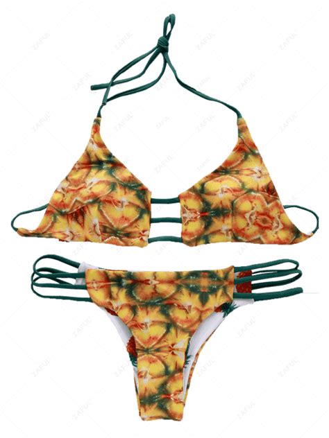 Reversible Pineapple Print Padded Bikini Set Yellow Bikinis L Zaful