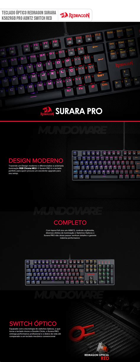 Teclado Redragon Surara PRO Óptico Mecânico Gamer Switch Vermelho