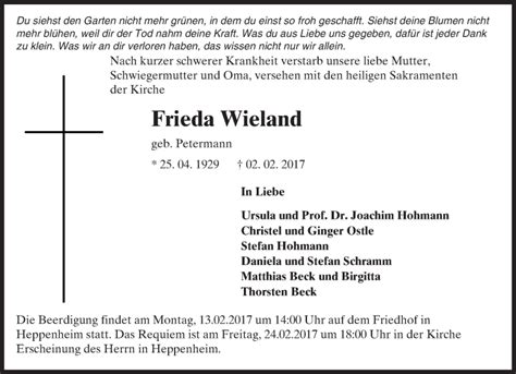 Traueranzeigen Von Frieda Wieland Vrm Trauer De