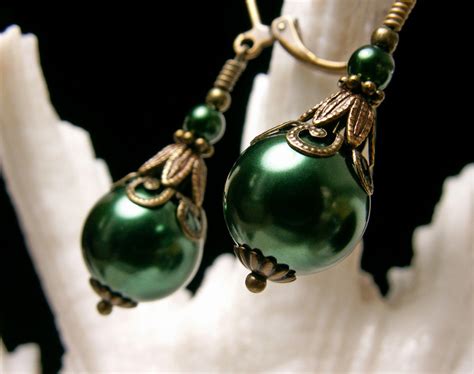 Dark Green Pearl Earrings Forest Green Victorian Earrings - Etsy