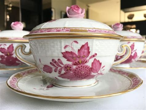 6x Herend Creme Soup Bowl And Saucer With Lid Chinese Bouquet Etsy