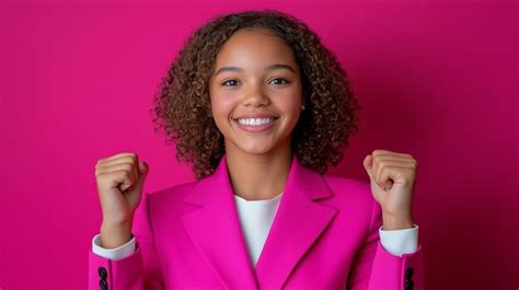 Portrait Of A Cheerful African American Teen Girl In Pink Celebrating