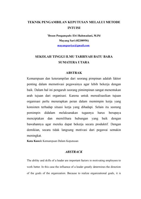 Jurnal Teknik Pengambilan Keputusan Melalui Metode Intuisi Teknik Pengambilan Keputusan