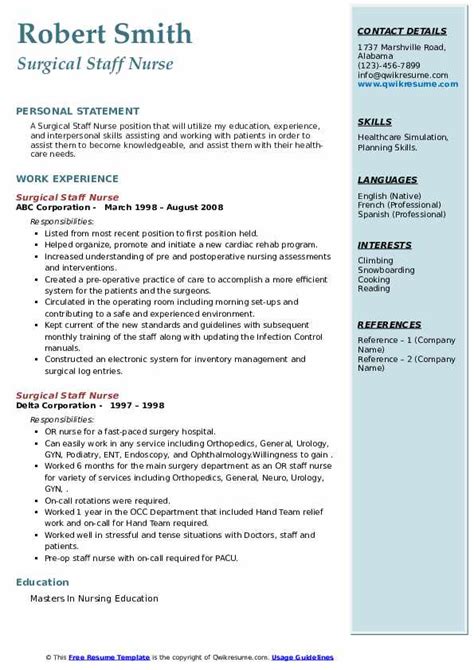 Surgical Staff Nurse Resume Samples Qwikresume